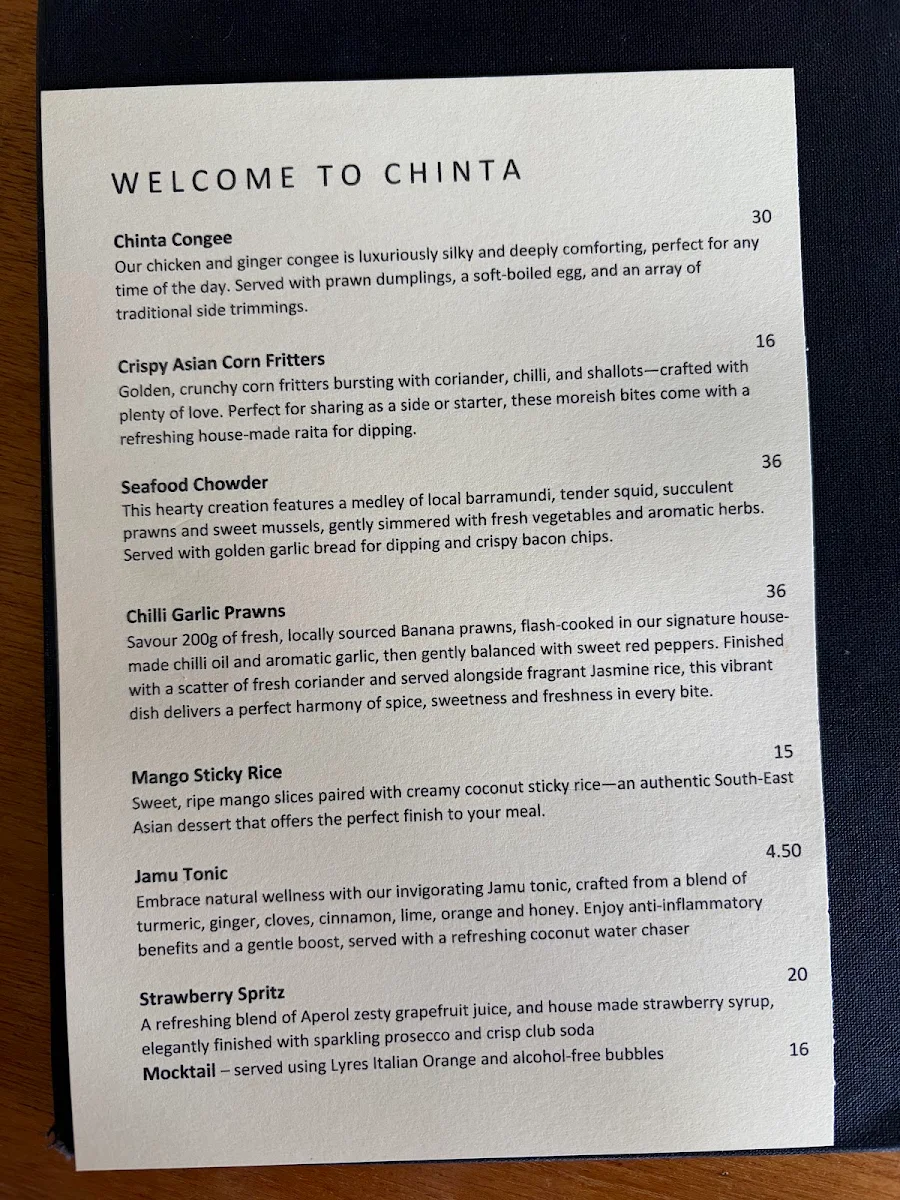 Menu, Chinta