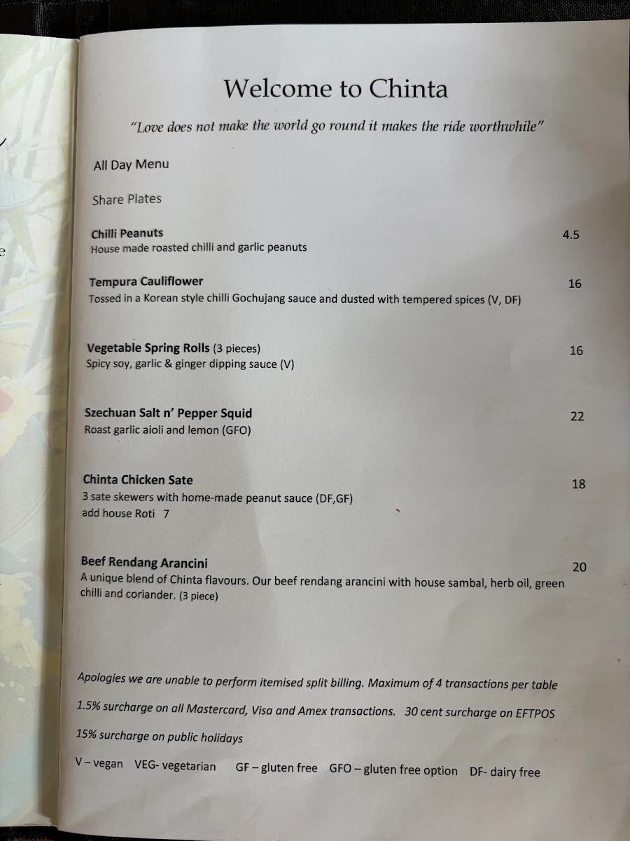 Menu, Chinta