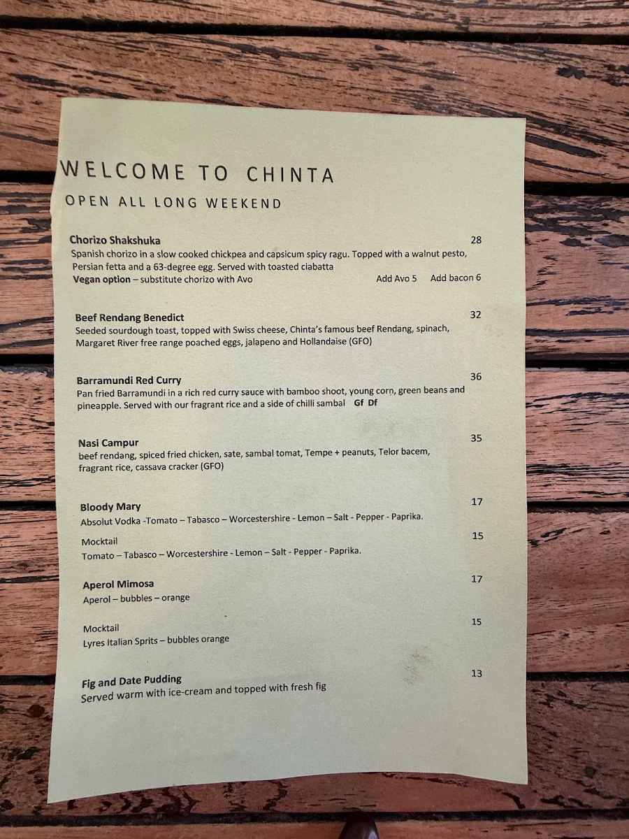 Menu, Chinta