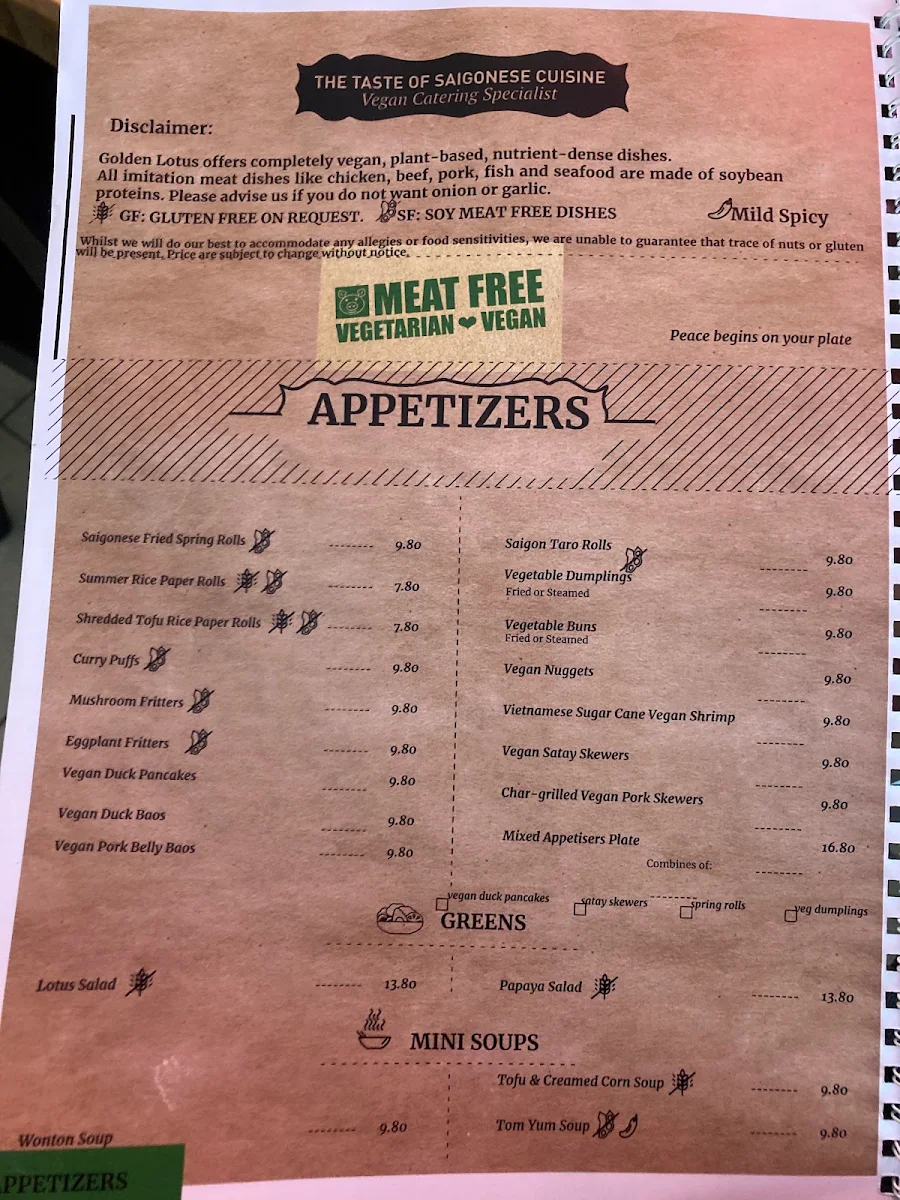 Menu, Golden Lotus Vegan Newtown