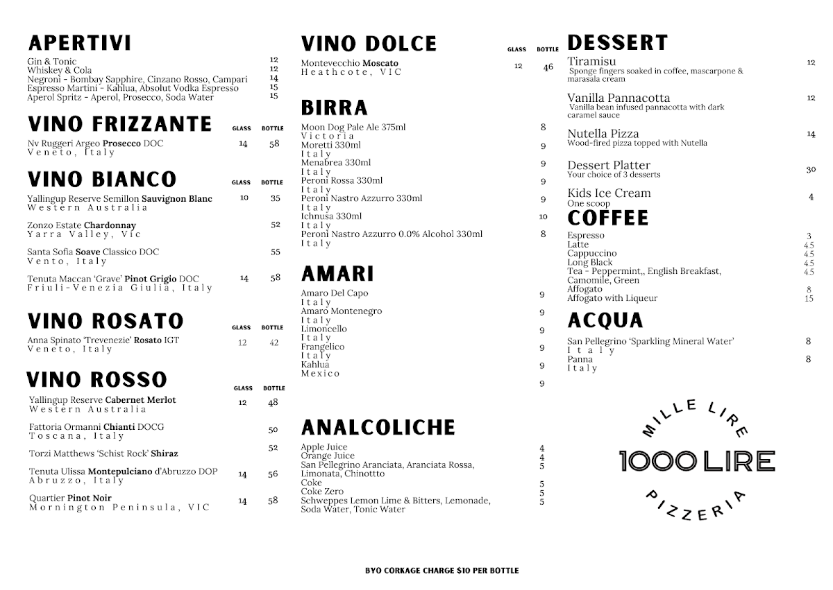 Menu, 1000 Lire Pizza & Stuzzichini
