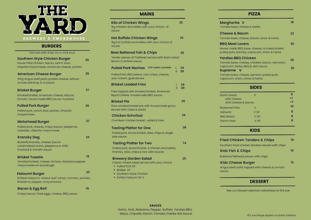 Menu, The Yard Brewery & Smokehouse