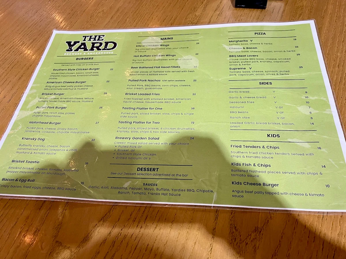 Menu, The Yard Brewery & Smokehouse