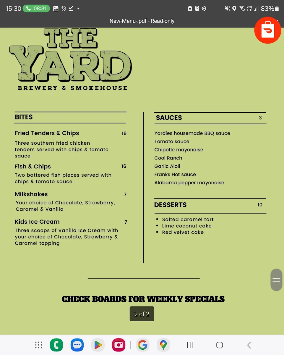 Menu, The Yard Brewery & Smokehouse