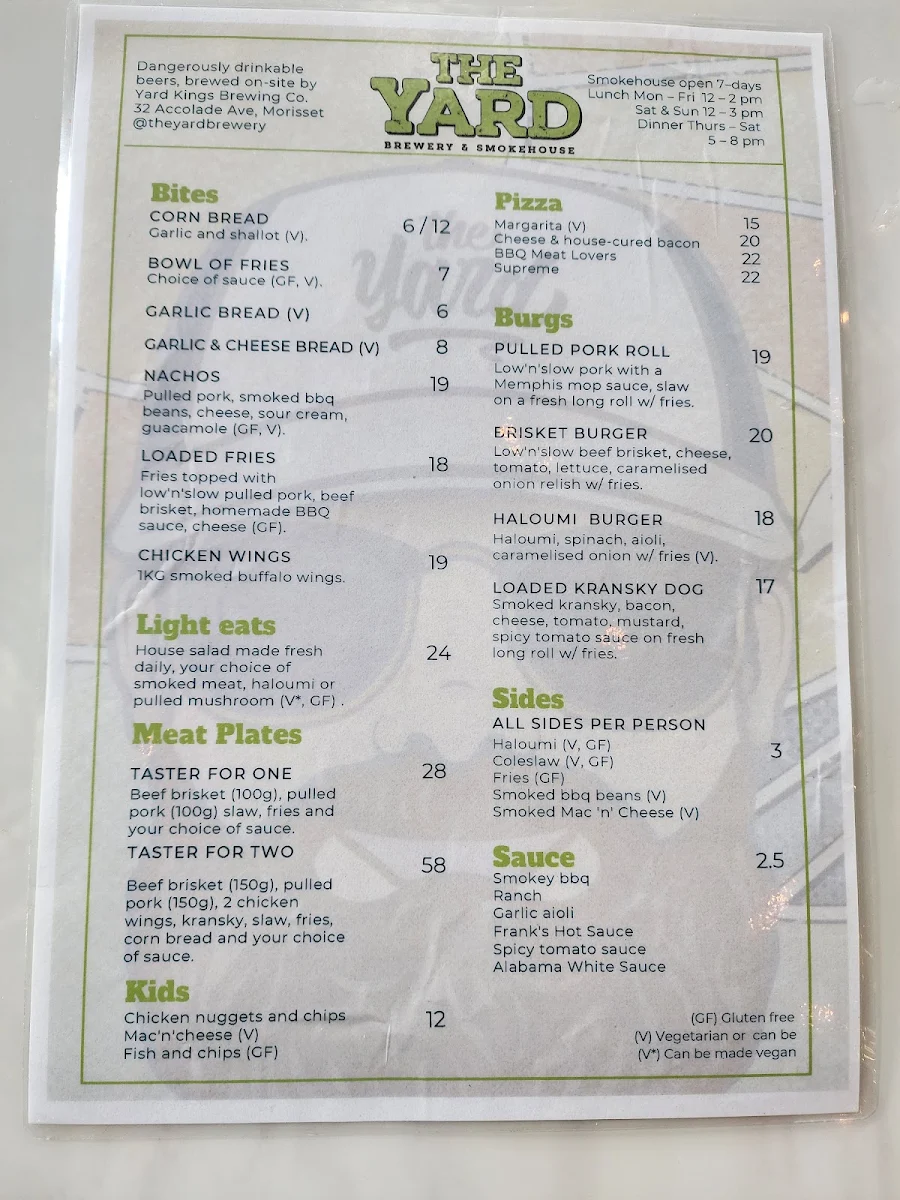 Menu, The Yard Brewery & Smokehouse