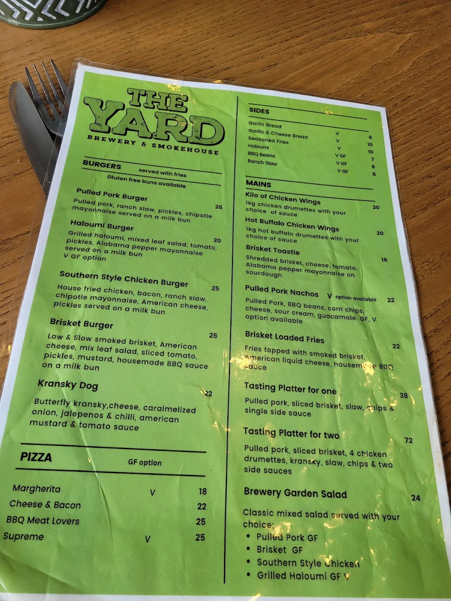 Menu, The Yard Brewery & Smokehouse