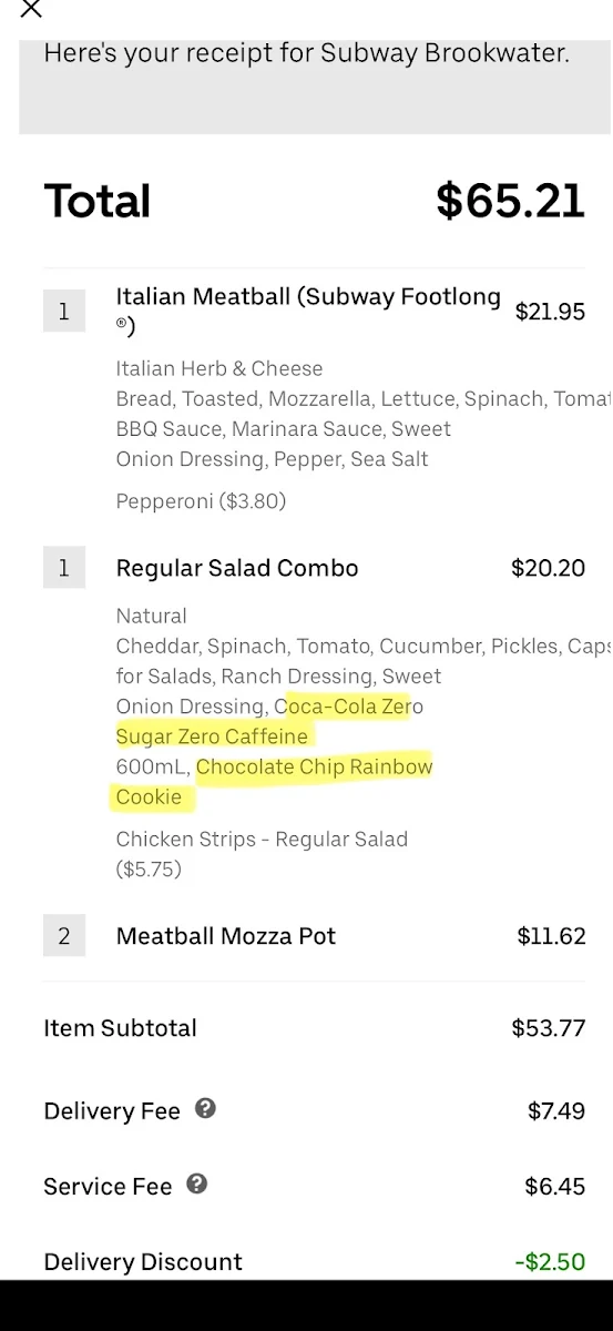 Menu, Subway