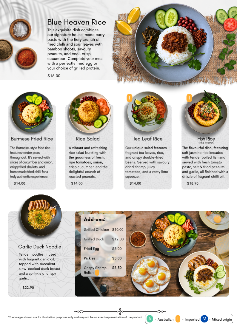 Menu, Blue Heaven