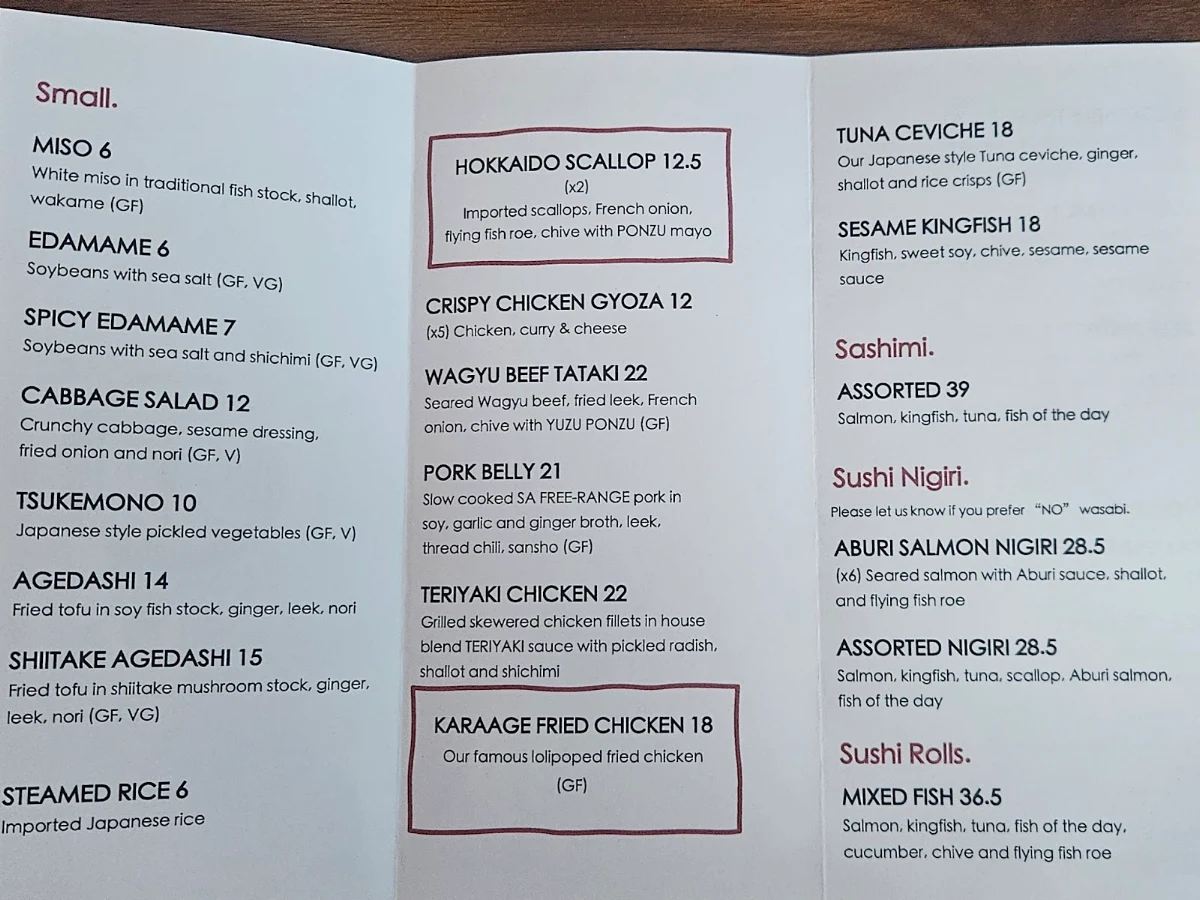 Menu, Sodewa Sake Bar