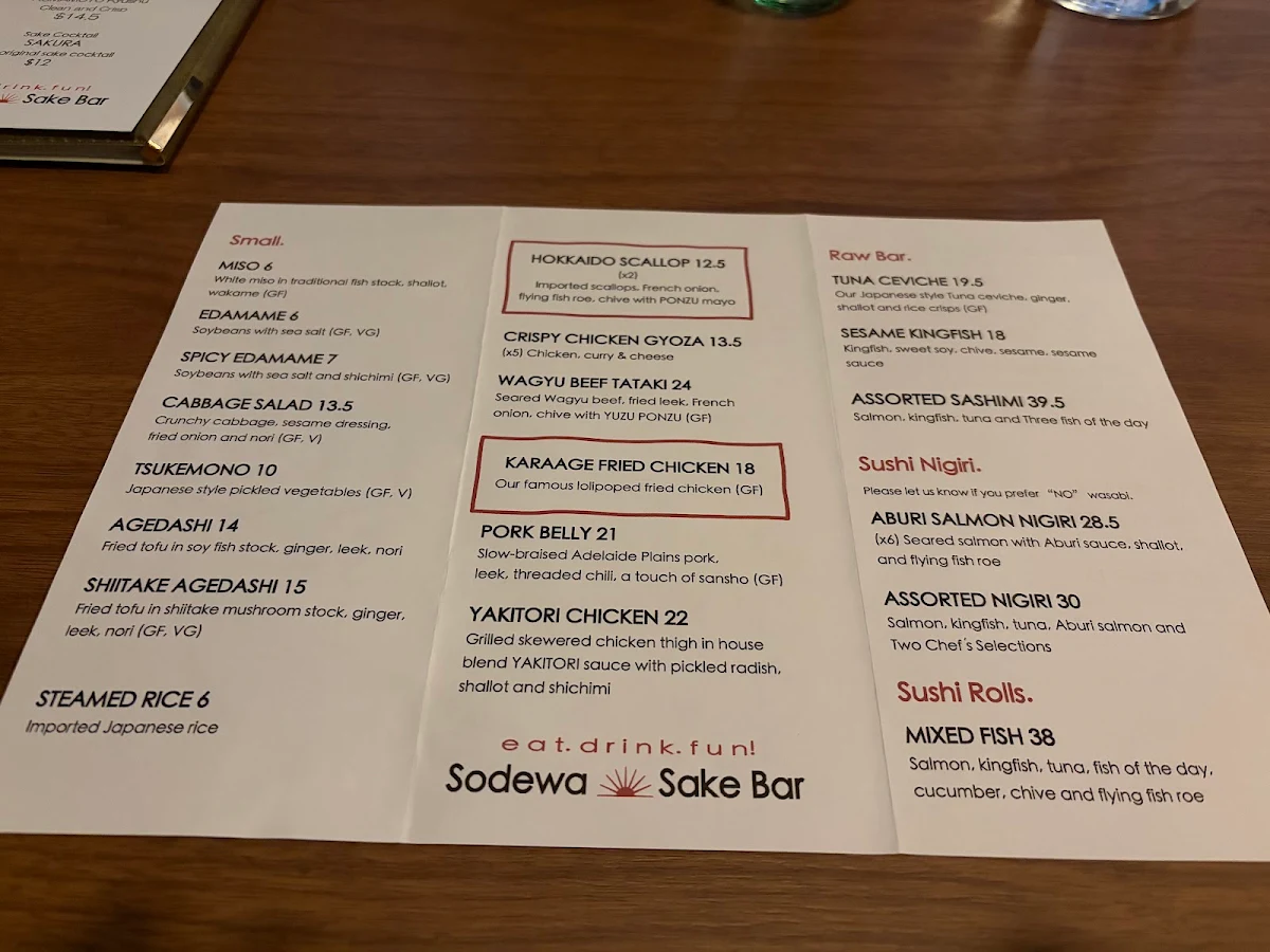 Menu, Sodewa Sake Bar