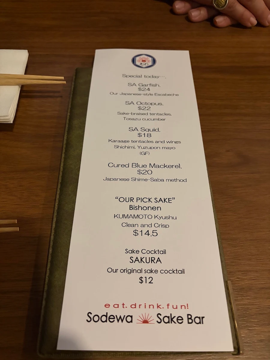 Menu, Sodewa Sake Bar