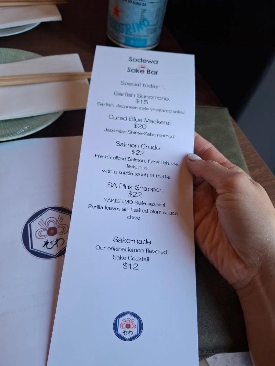 Menu, Sodewa Sake Bar