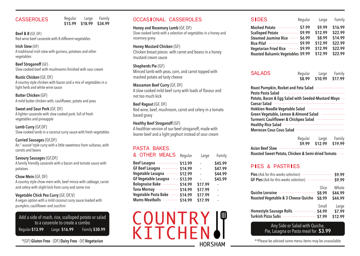 Menu, Country Kitchen Horsham