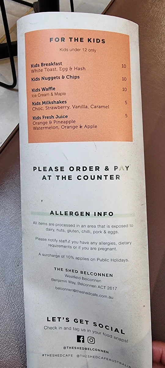 Menu, The Shed Café