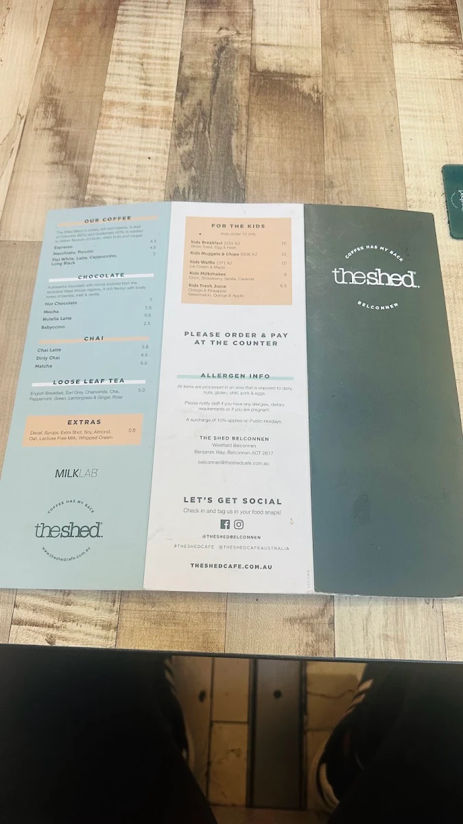Menu, The Shed Café