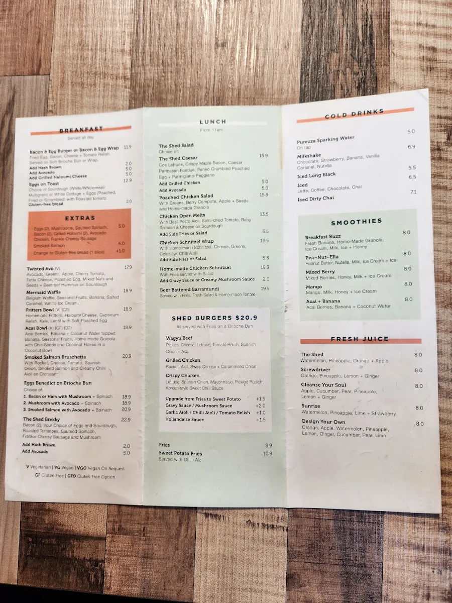 Menu, The Shed Café