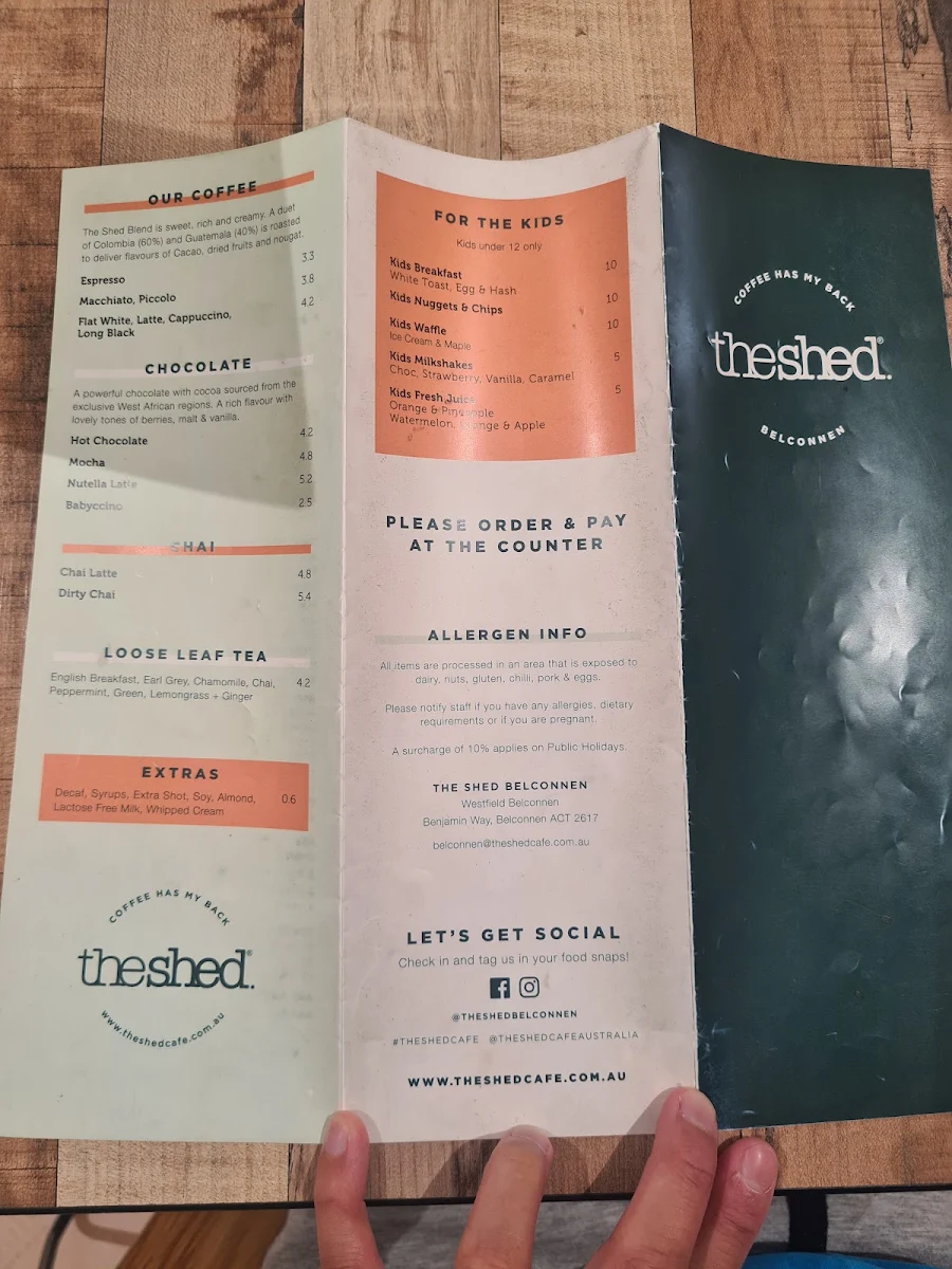 Menu, The Shed Café