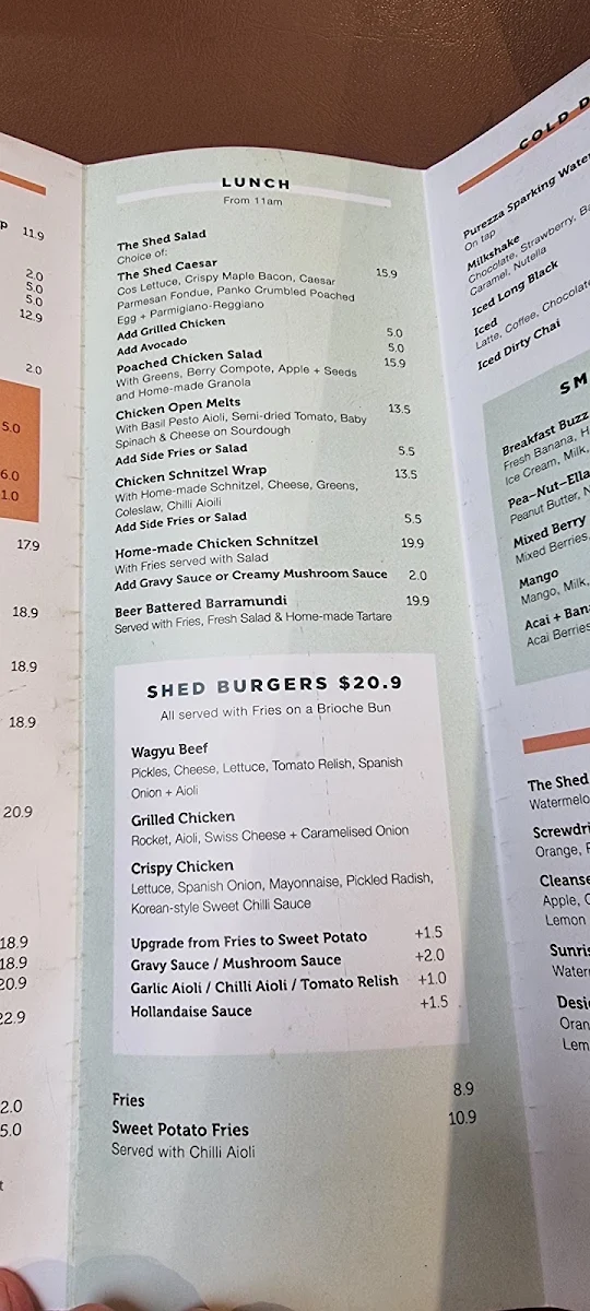 Menu, The Shed Café