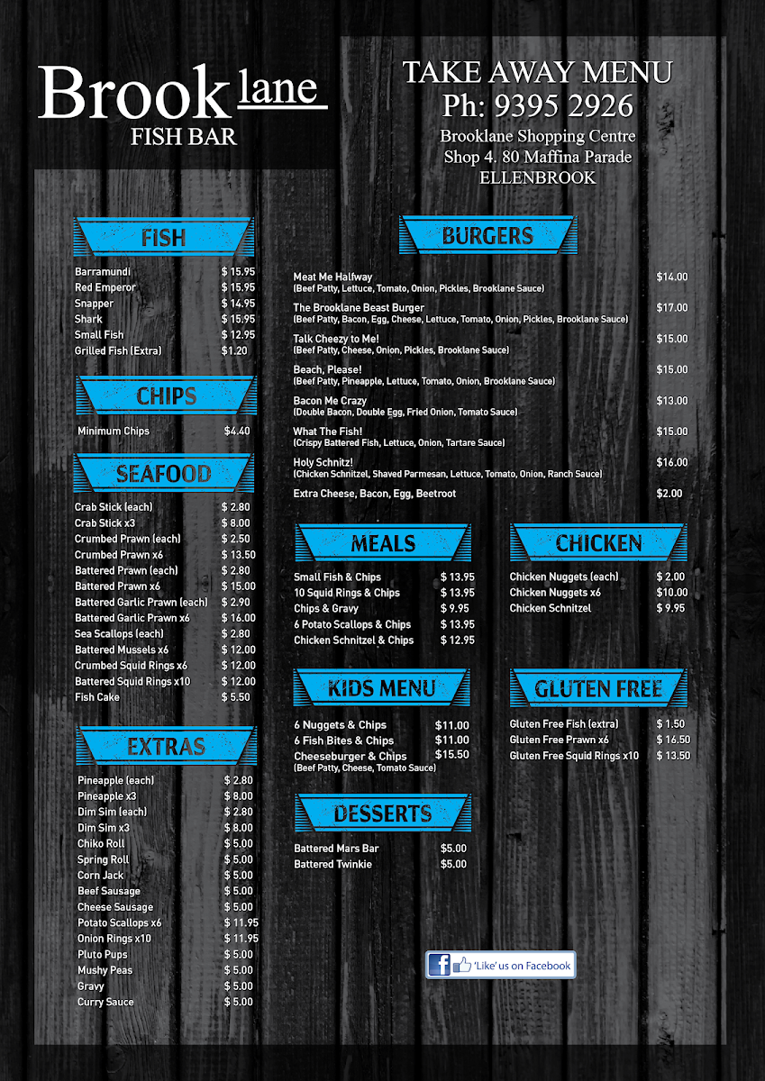 Menu, Brooklane Fish Bar