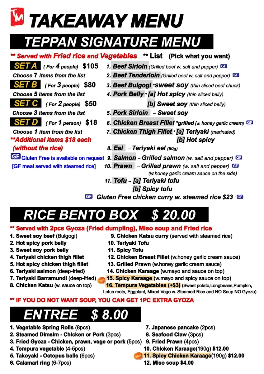 Menu, Teppan Mate