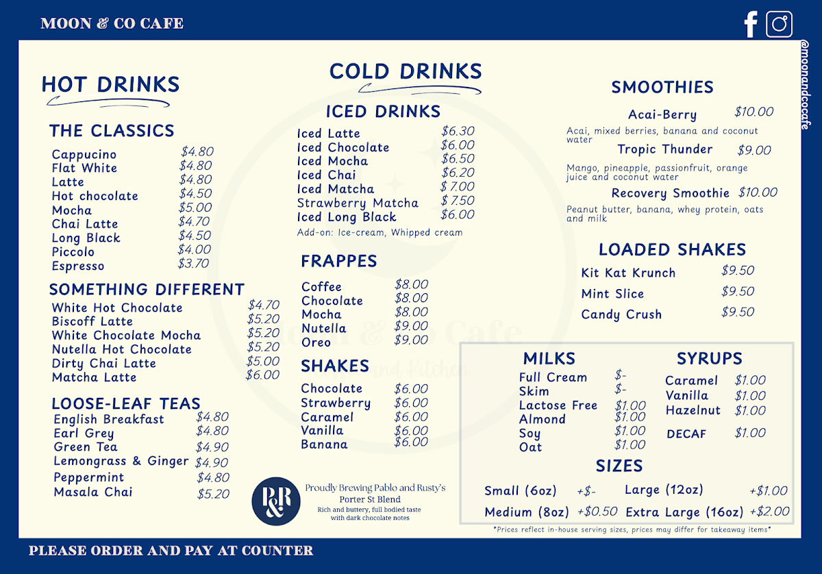 Menu, Moon & Co Cafe