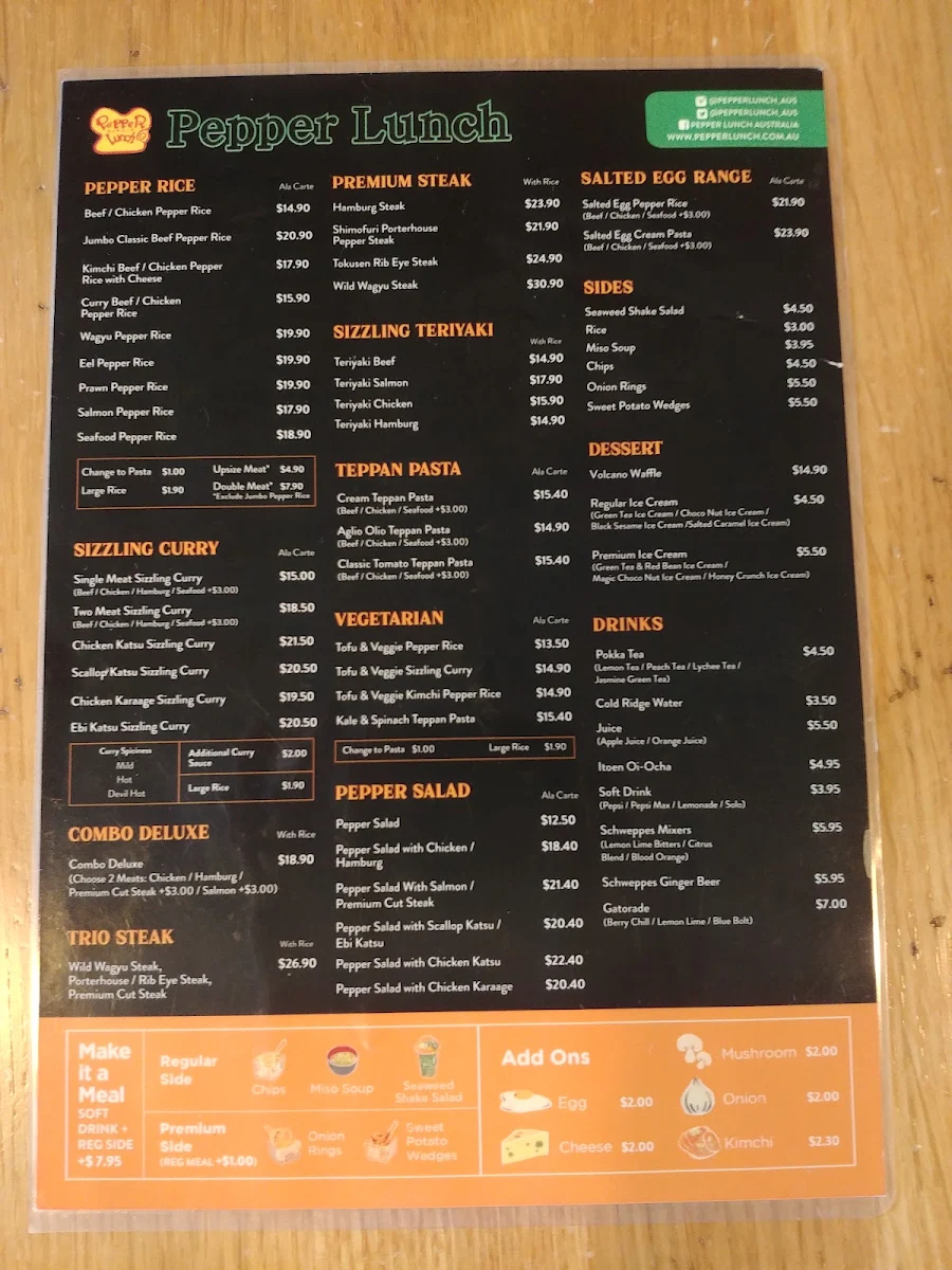 Menu, Pepper Lunch Sunnybank
