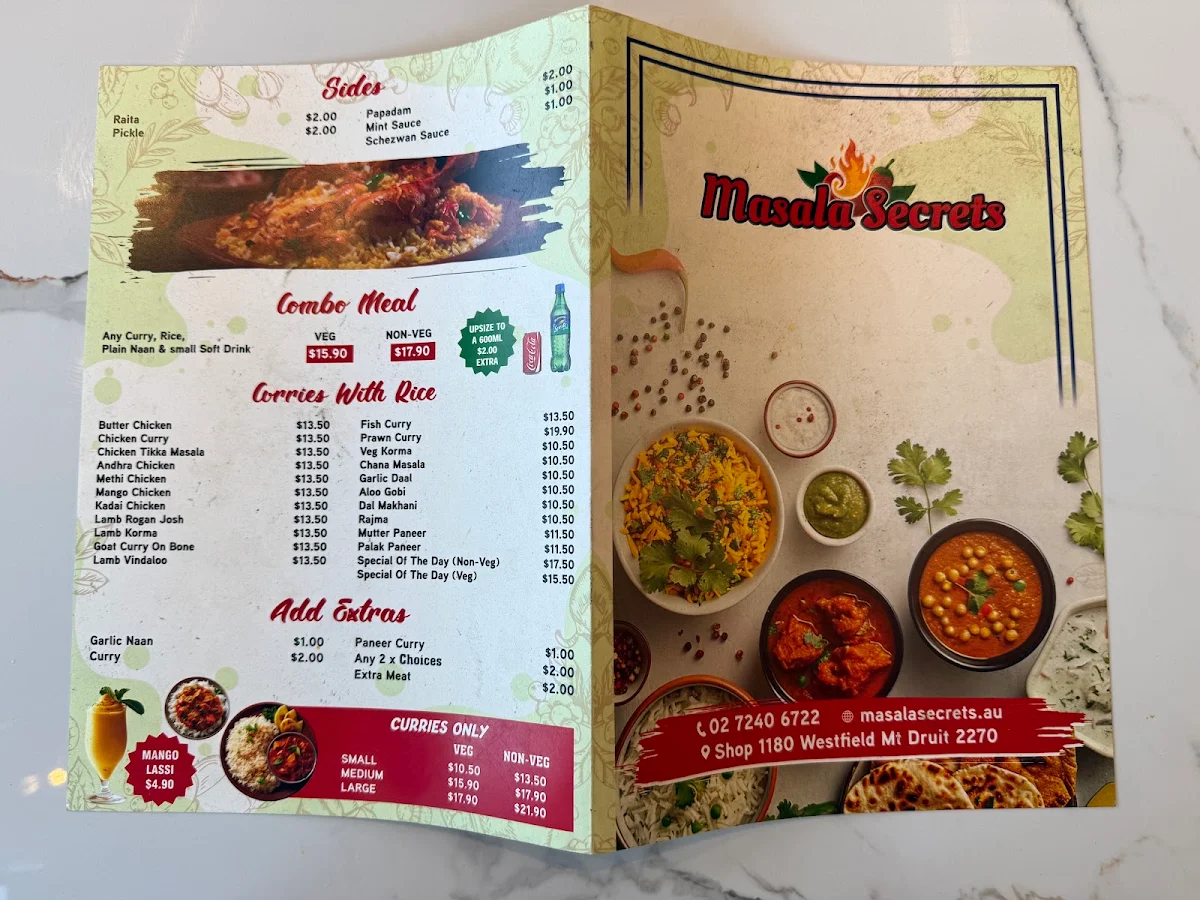 Menu, Masala Secrets Mount Druitt