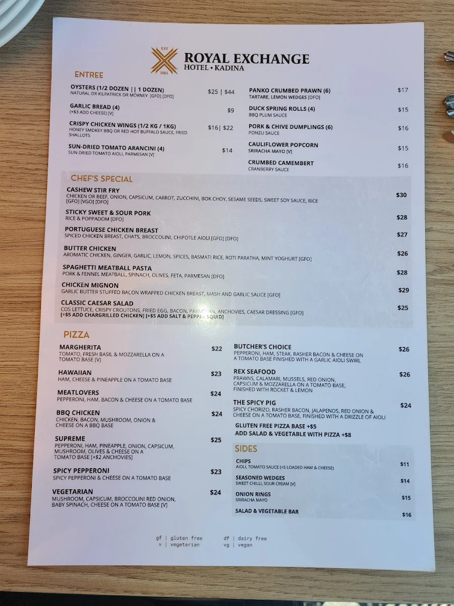 Menu, Royal Exchange Hotel