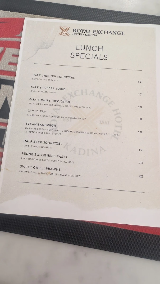 Menu, Royal Exchange Hotel