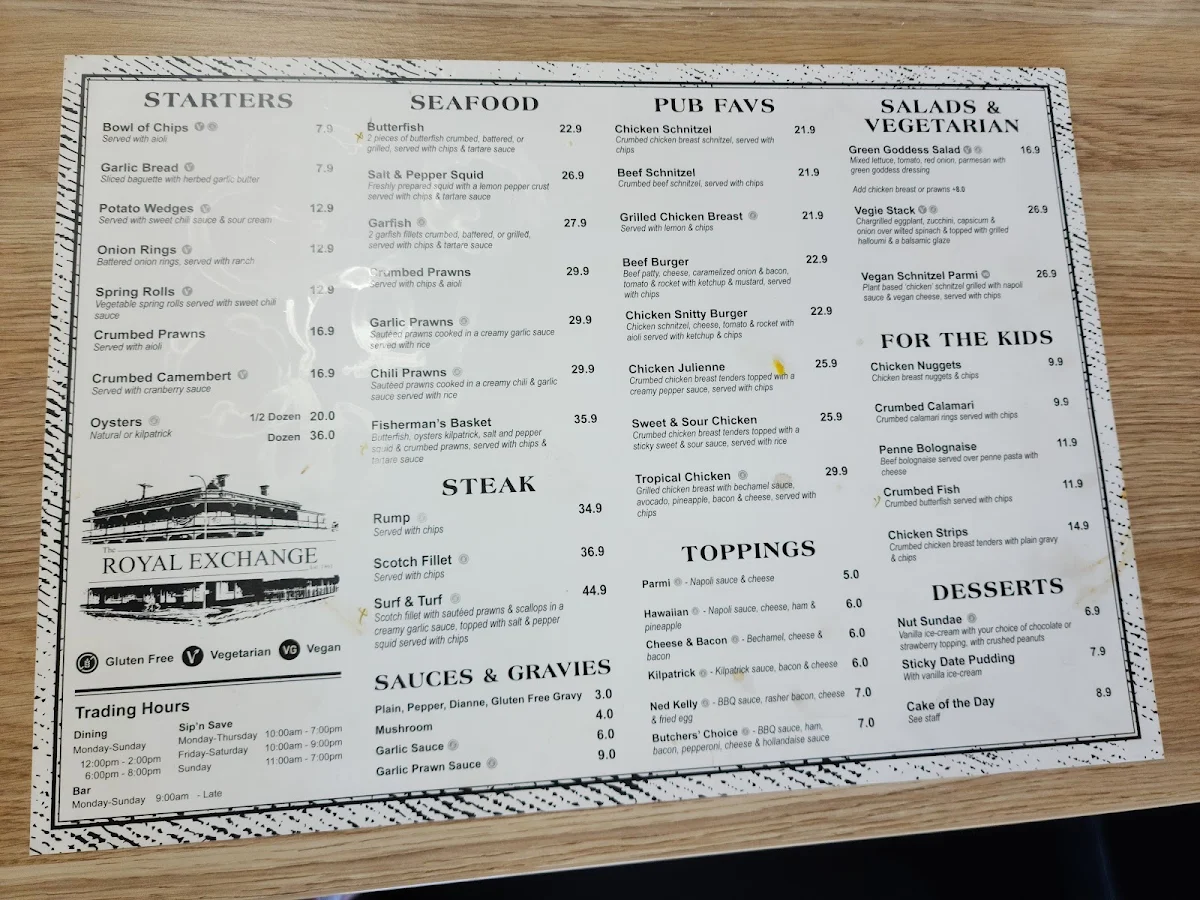 Menu, Royal Exchange Hotel