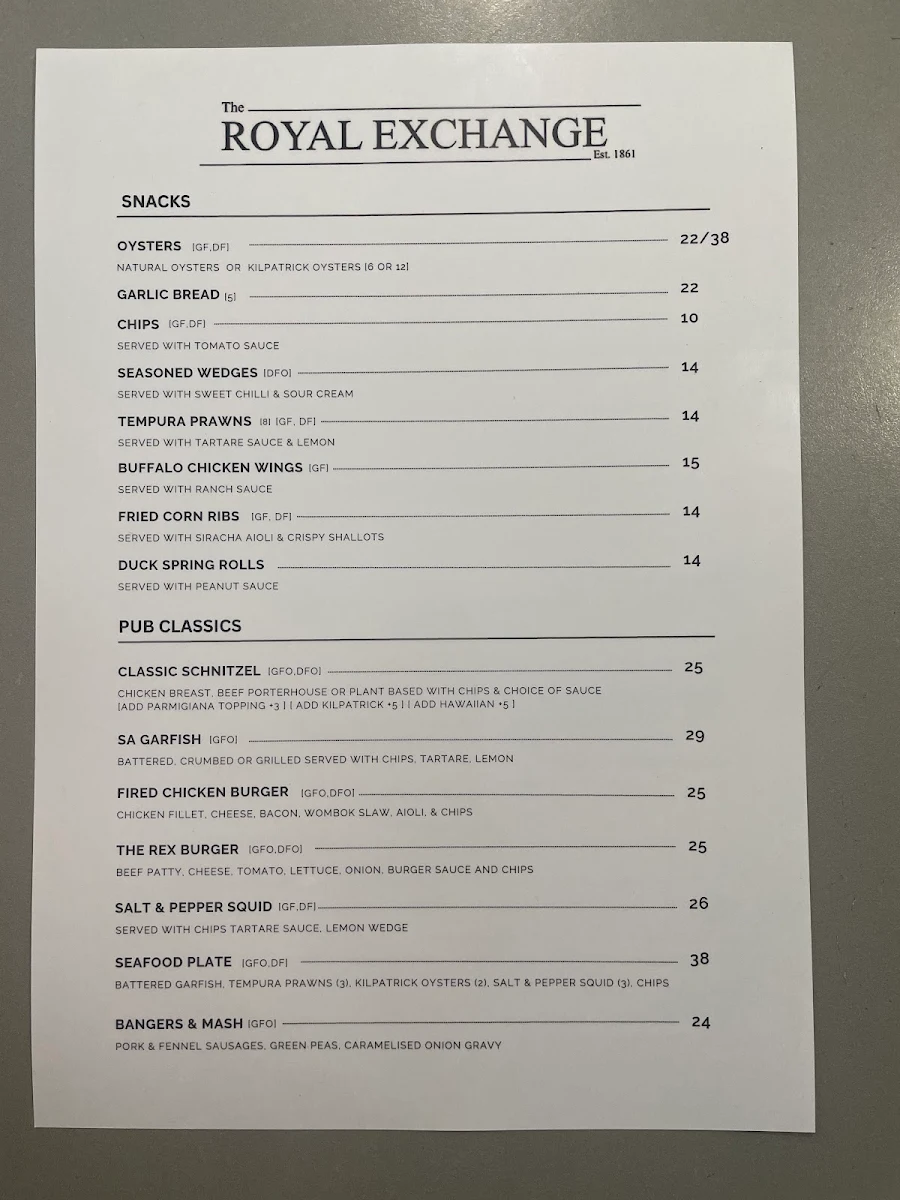Menu, Royal Exchange Hotel