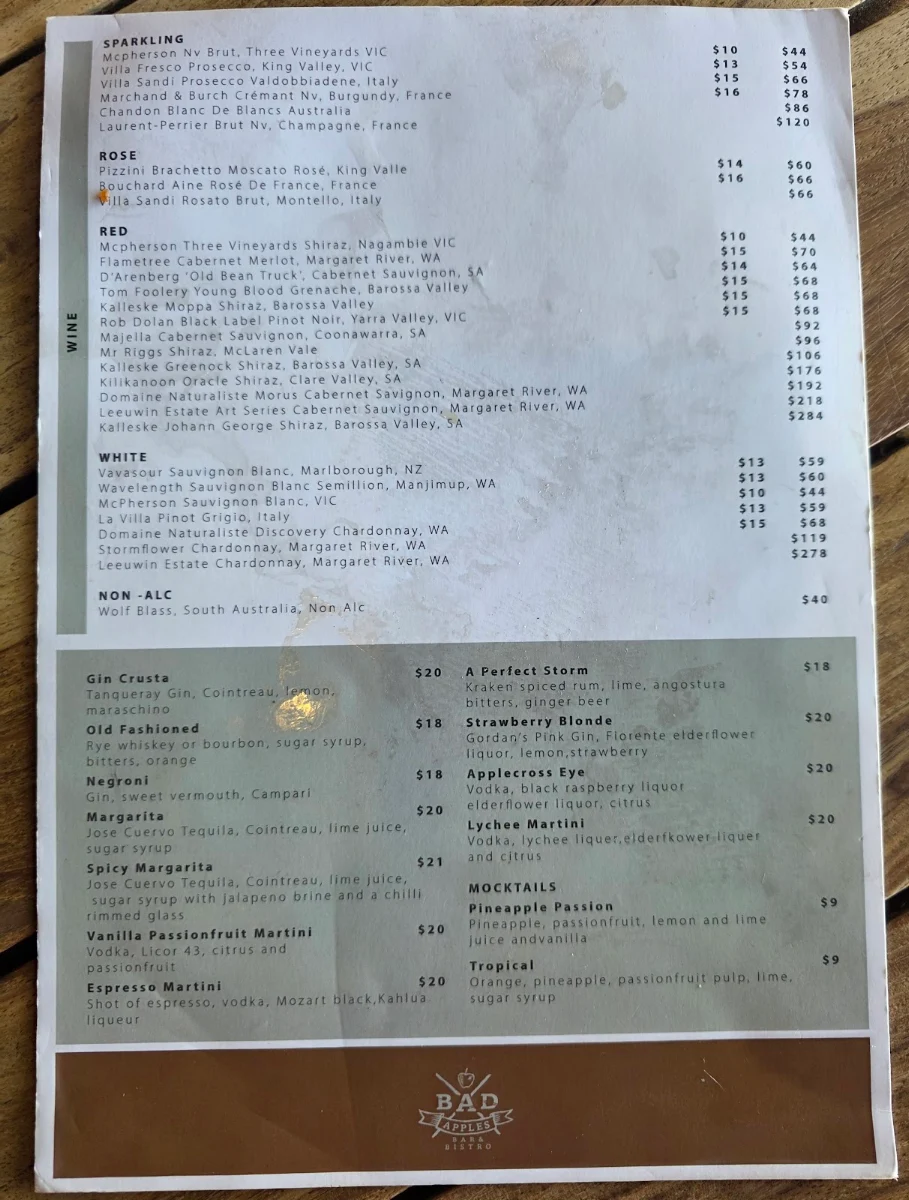 Menu, Bad Apples Bar