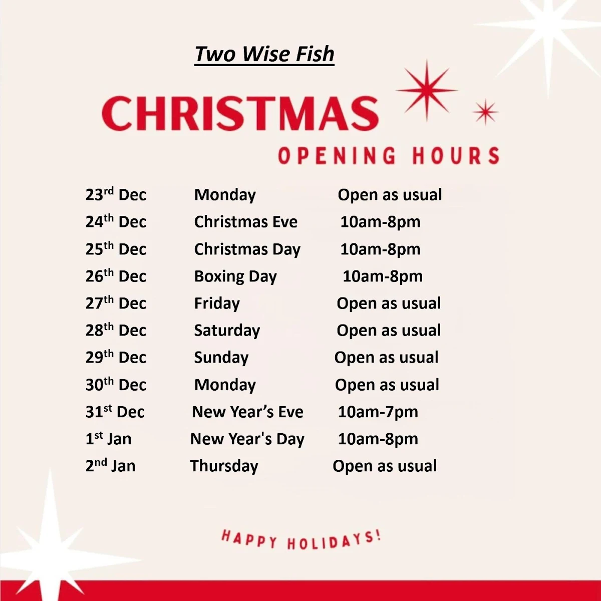 Menu, Two Wise Fish