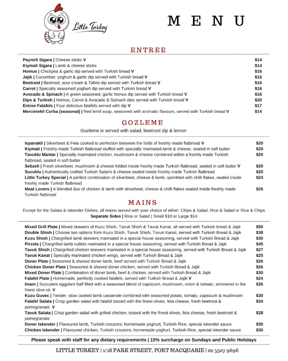 Menu, Little Turkey