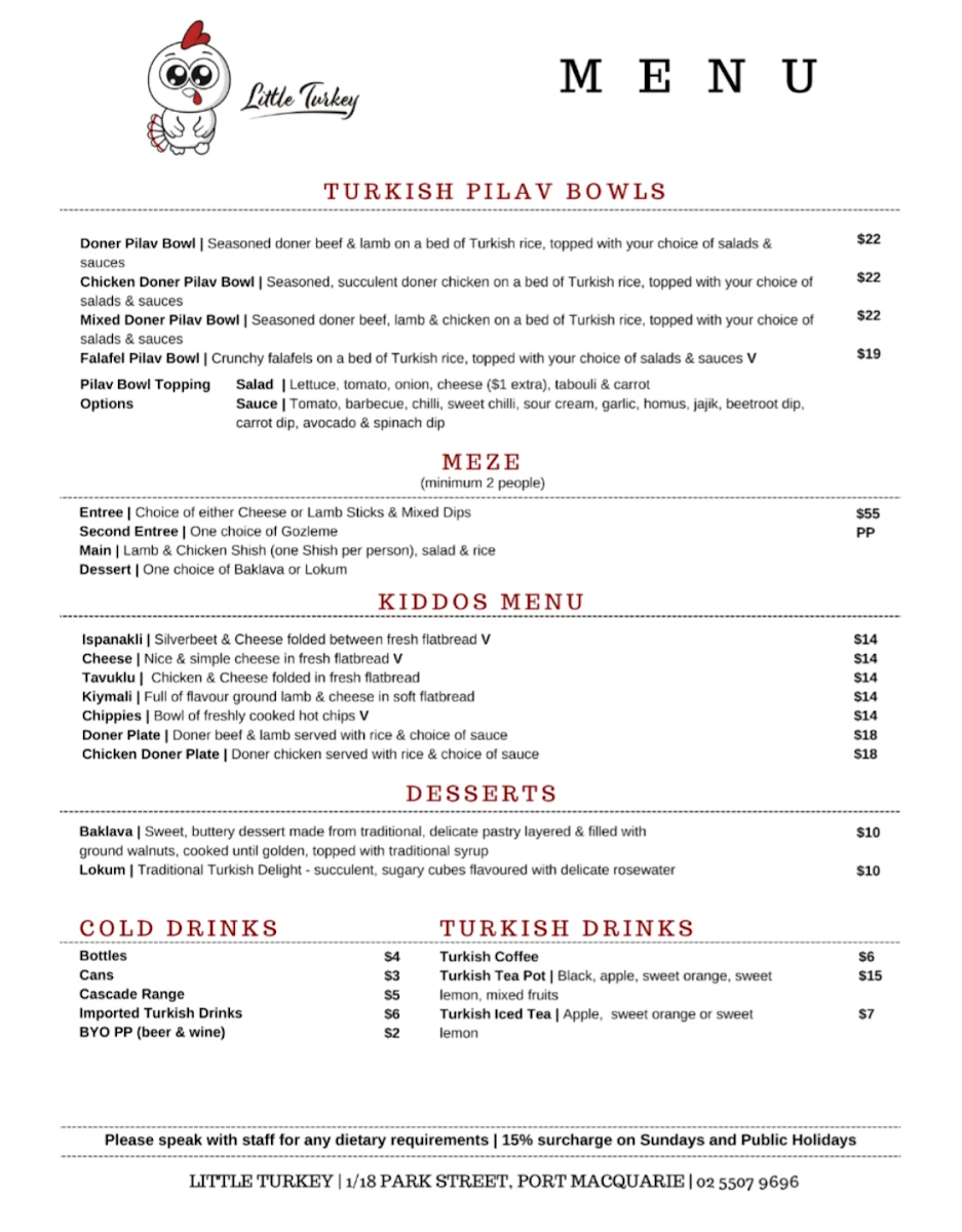 Menu, Little Turkey