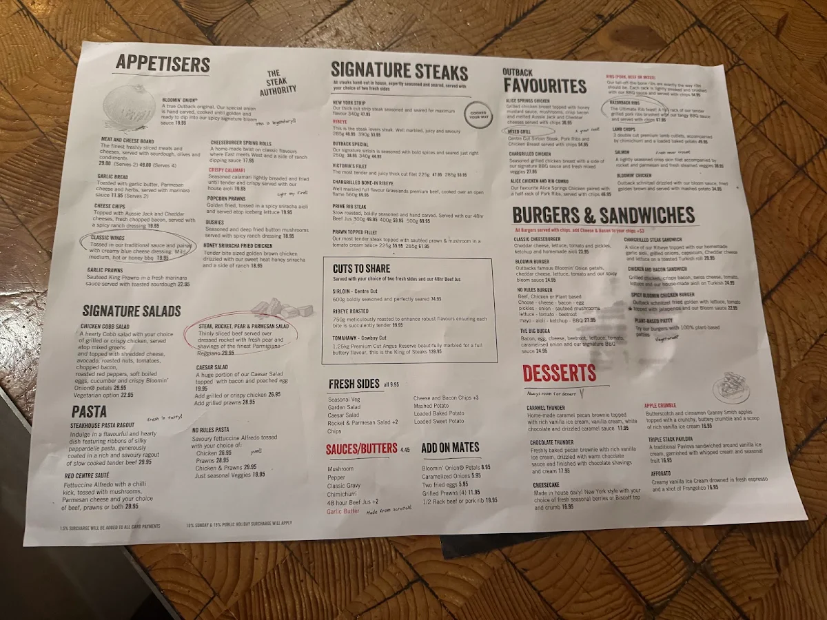 Menu, Outback Steakhouse Pacific Fair