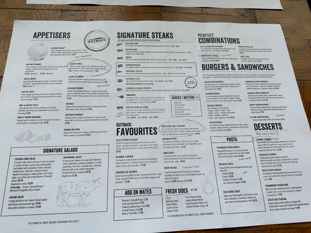 Menu, Outback Steakhouse Pacific Fair