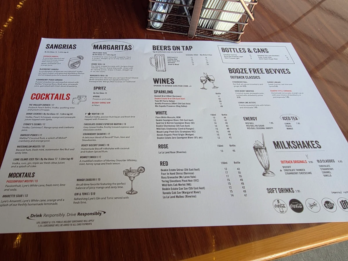 Menu, Outback Steakhouse Pacific Fair
