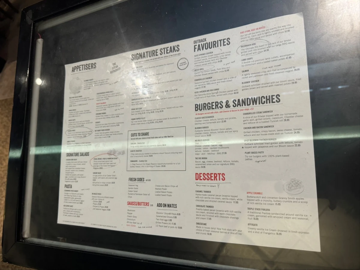 Menu, Outback Steakhouse Pacific Fair