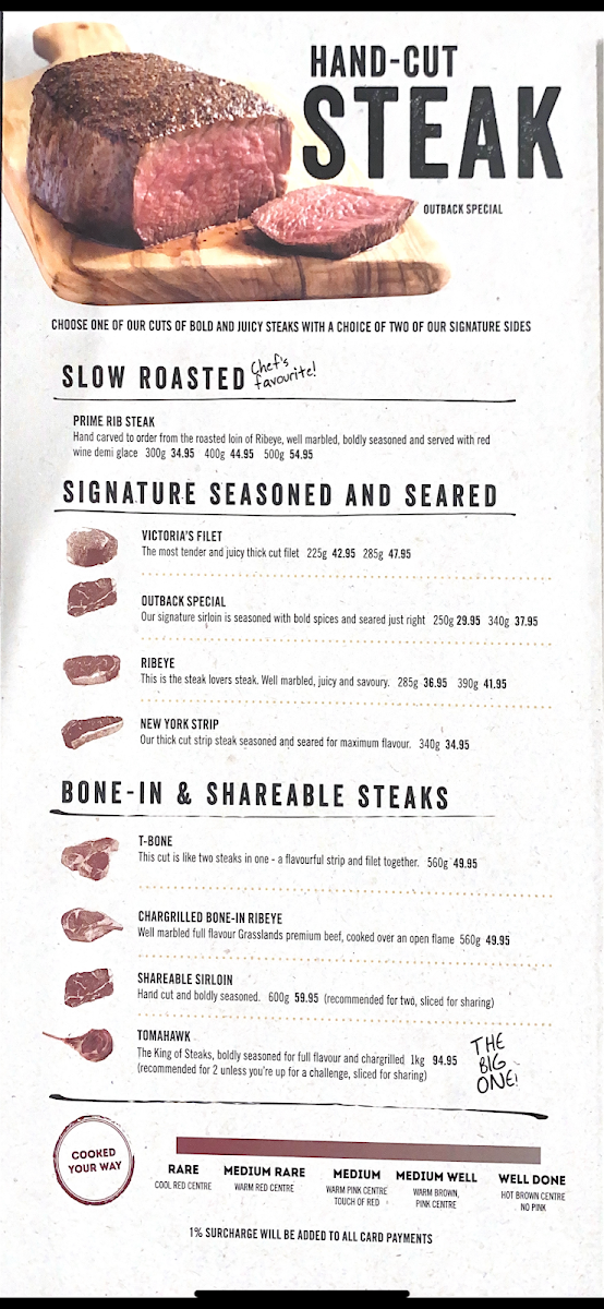 Menu, Outback Steakhouse Pacific Fair