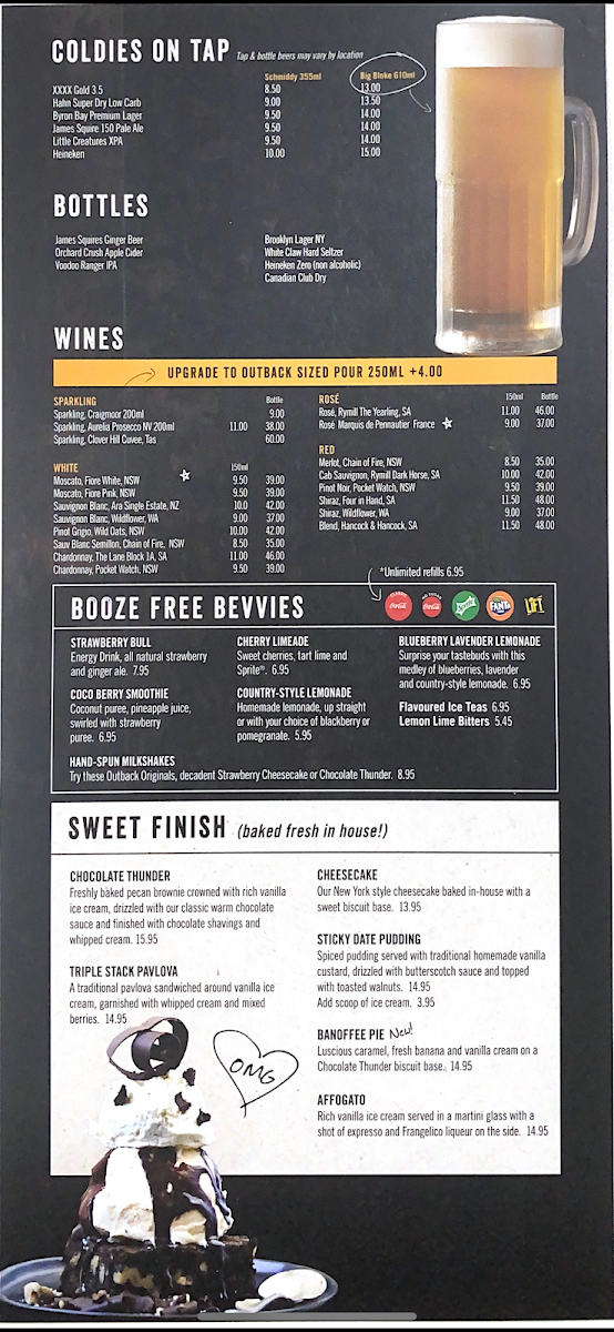 Menu, Outback Steakhouse Pacific Fair