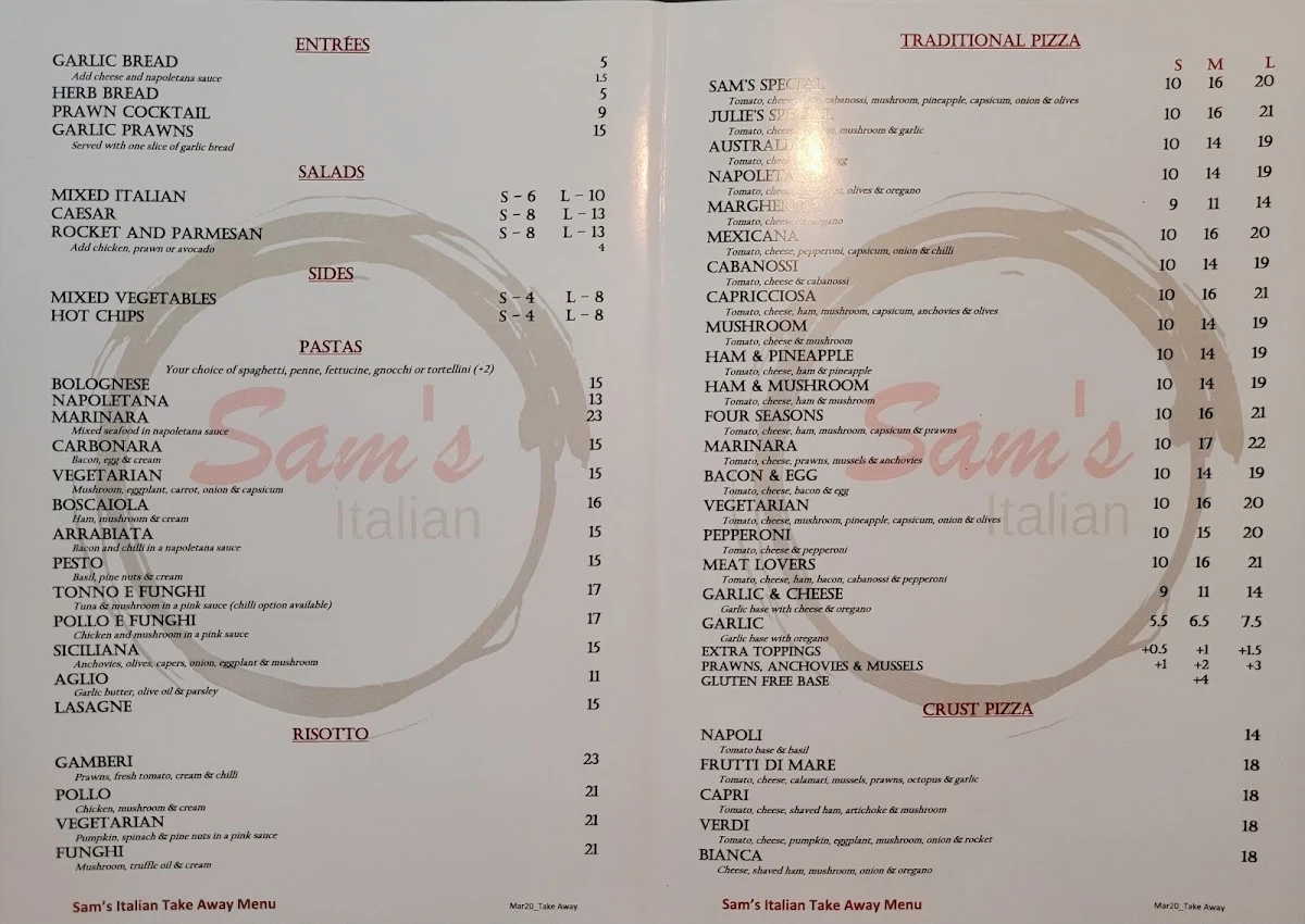 Menu, Sam's Italian Restaurant