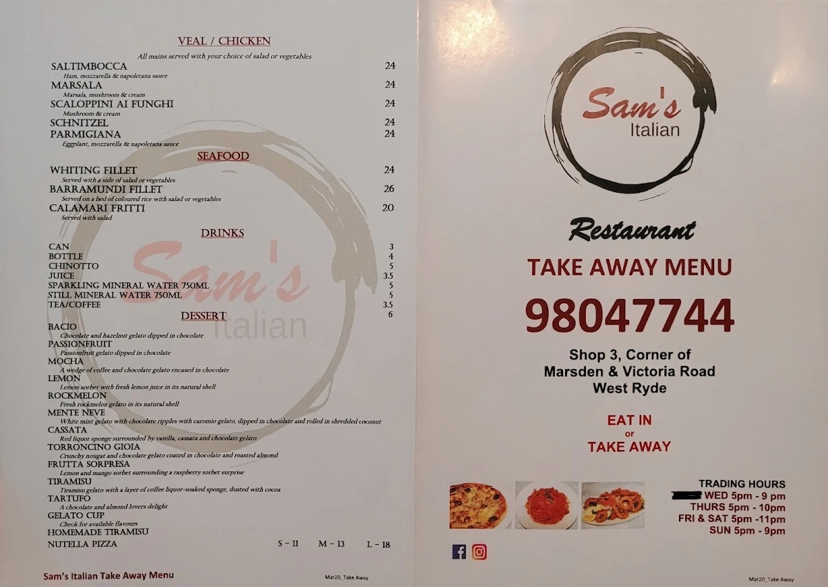Menu, Sam's Italian Restaurant