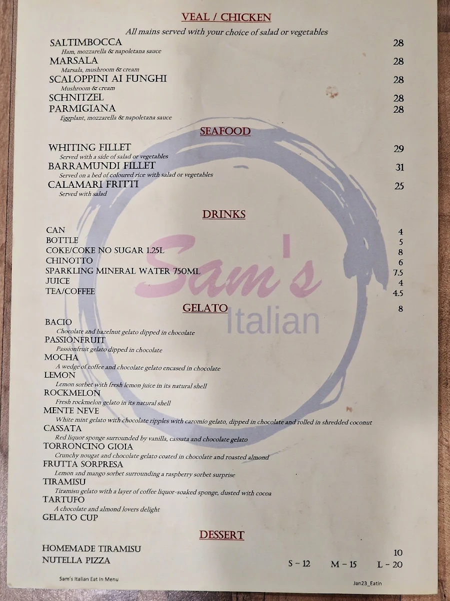 Menu, Sam's Italian Restaurant