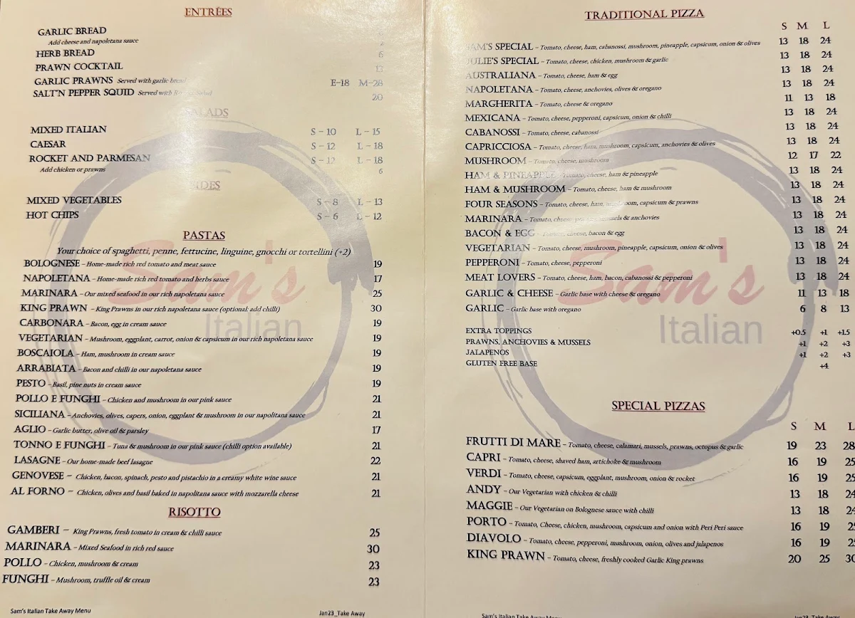 Menu, Sam's Italian Restaurant