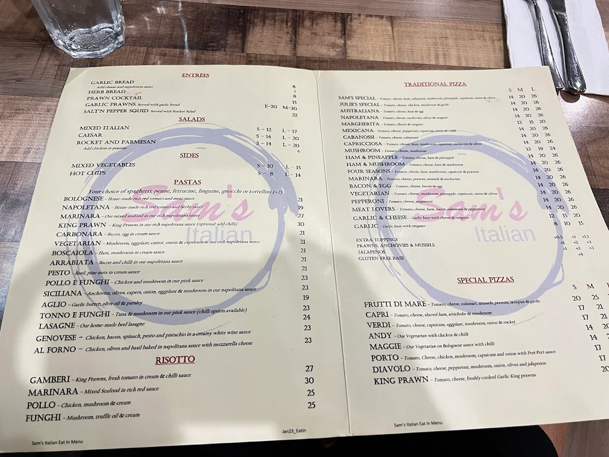 Menu, Sam's Italian Restaurant