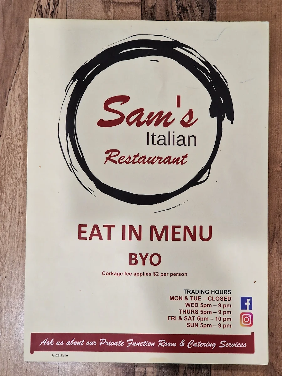 Menu, Sam's Italian Restaurant