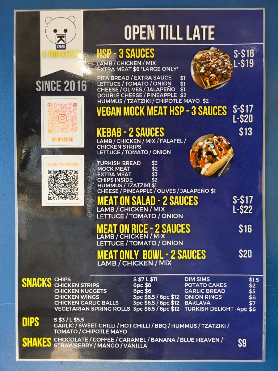 Menu, K For Kebab