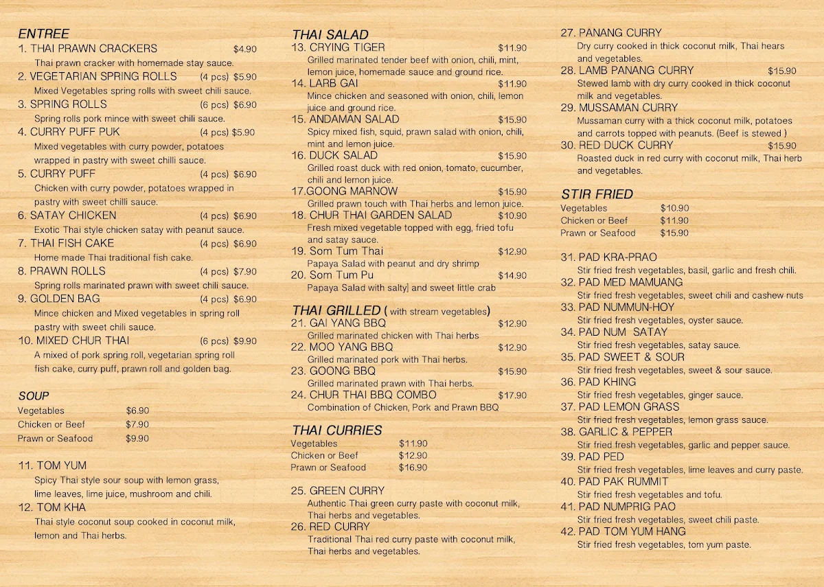Menu, Chur Thai Restaurant