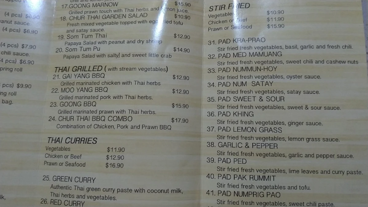 Menu, Chur Thai Restaurant